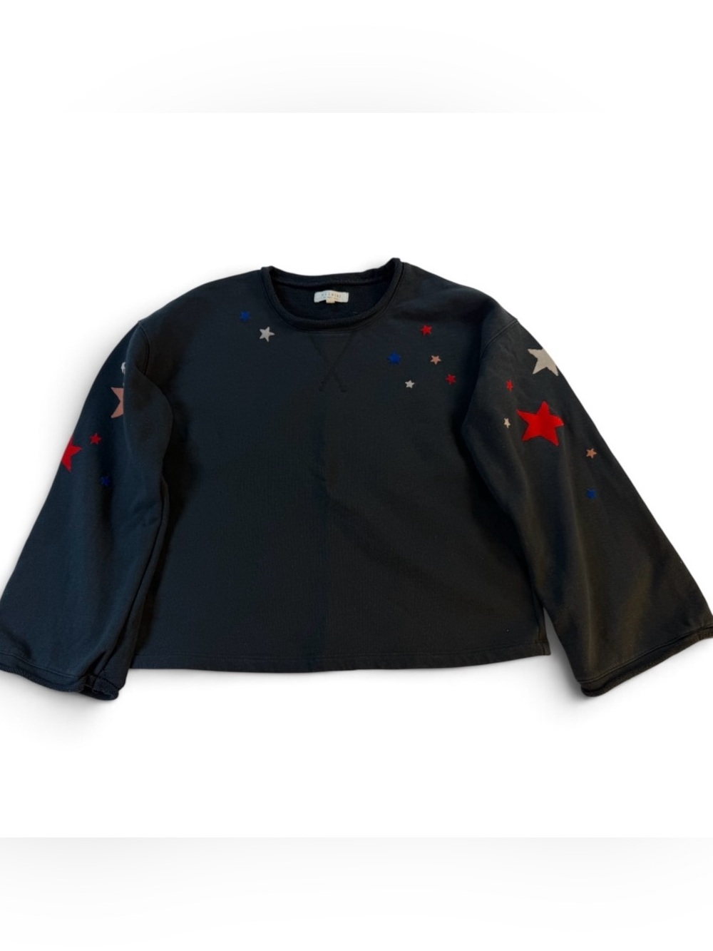 Madewell Black Cotton Crewneck Sweatshirt with Red, Blue, and Gray Stars - Picture 2 of 8